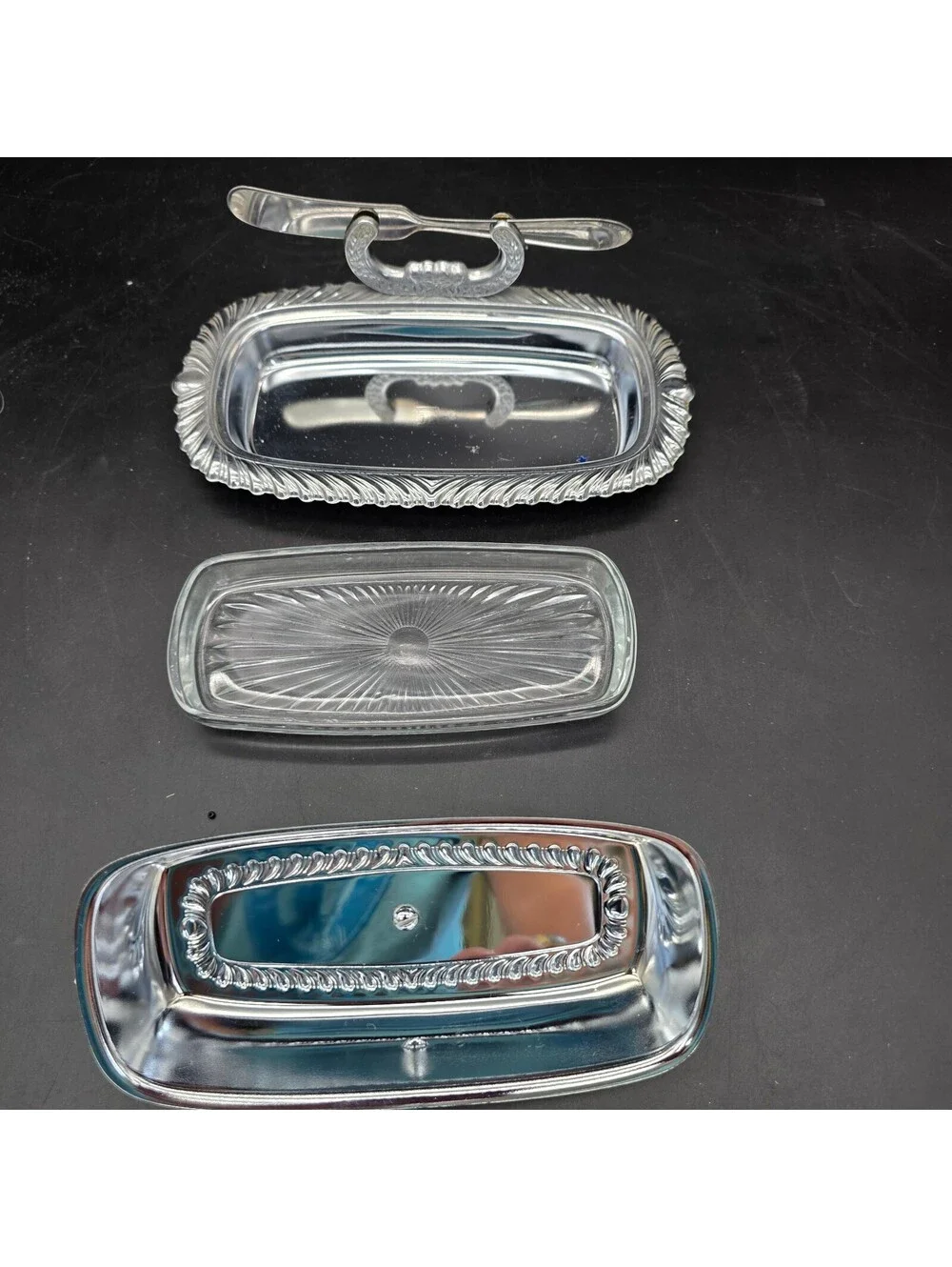Vintage Irvinware Chrome Butter Dish Covered Set with Spreader Glass Liner USA